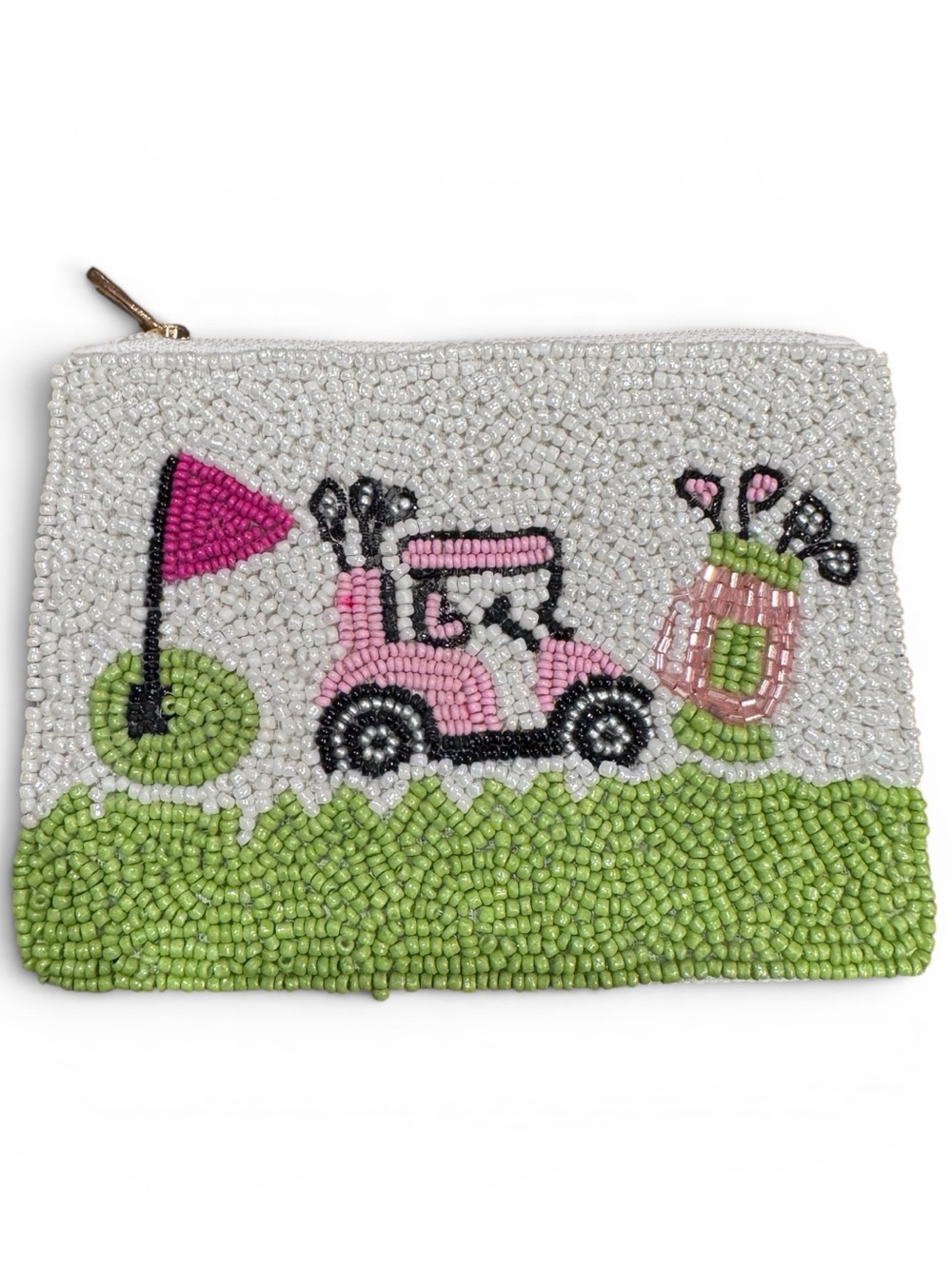 Golf Cart Seed Bead Coin Purse Beaded Zip Pouch